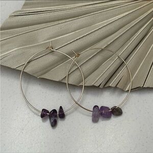 Pair of amethyst beaded wire hoop earrings gold plated 20 gauge new